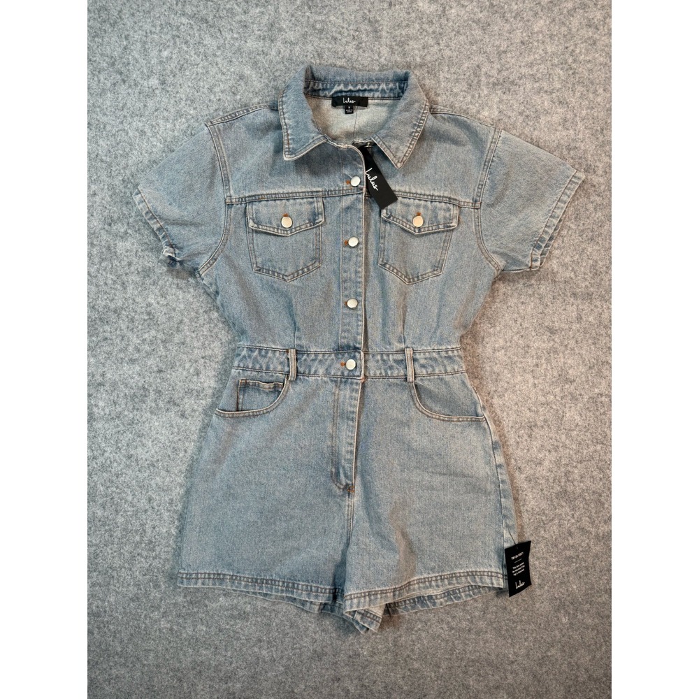 Lulus Denim Romper Small Light Wash‎ Blue Short Sleeve Button Front